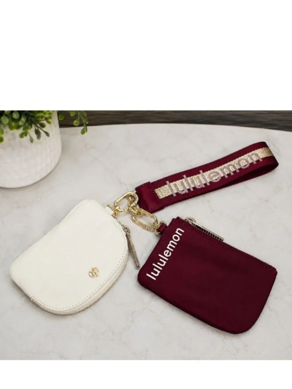 Lululemon Dual Pouch Wristlet Burgundy Cream Gold Hardware NWOT